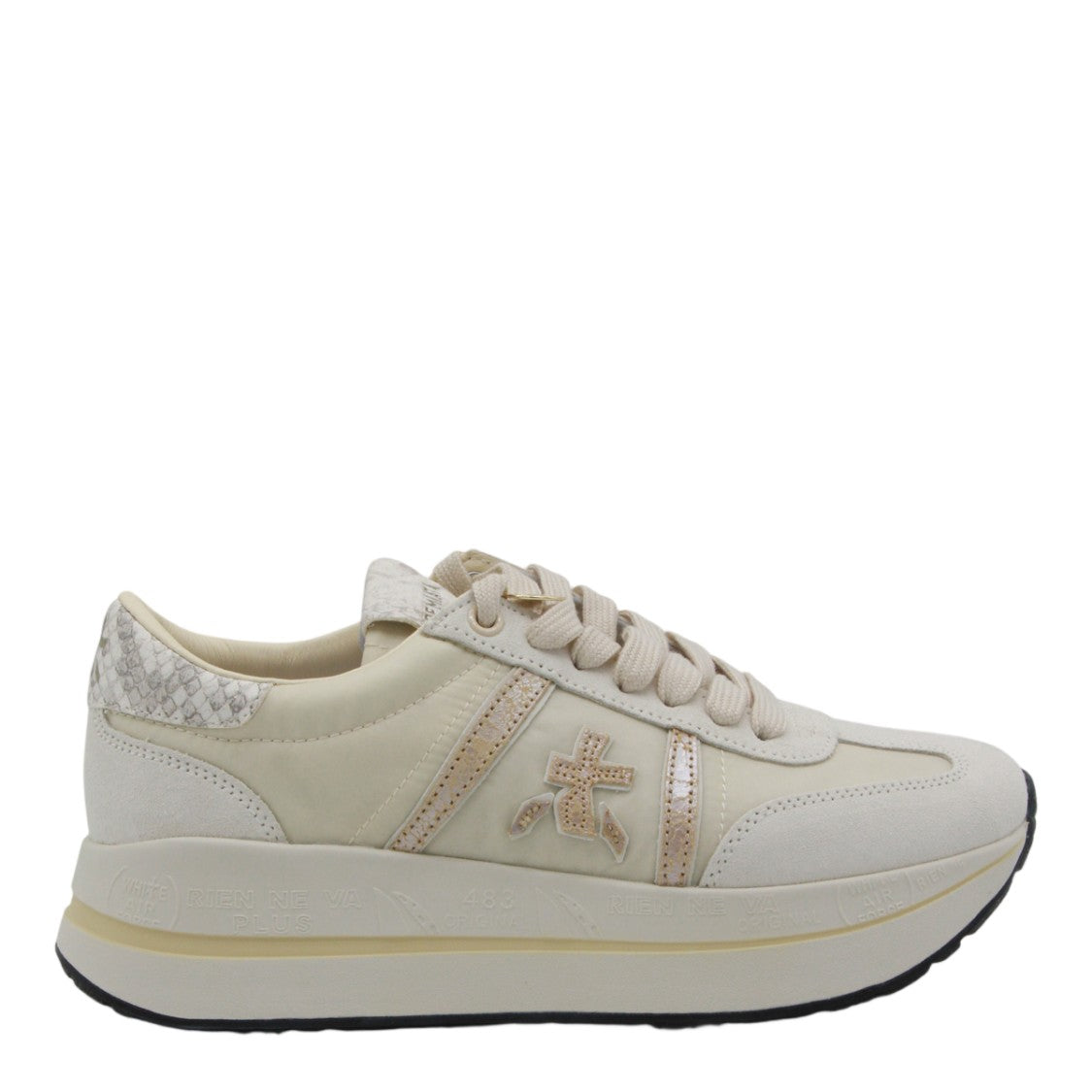 Premiata Off-White Sneakers With Textured Accents And Metallic Charm