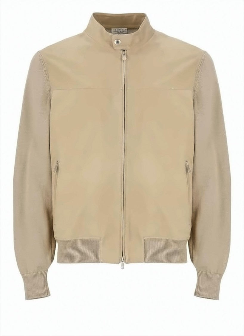 Brunello Cucinelli Smooth Leather Bomber Jacket With Knit Sleeves