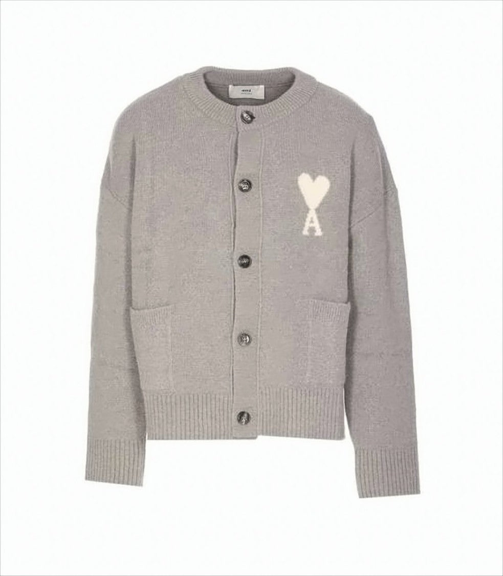 Ami Alpaca Blend Cardigan With Intarsia Heart Design