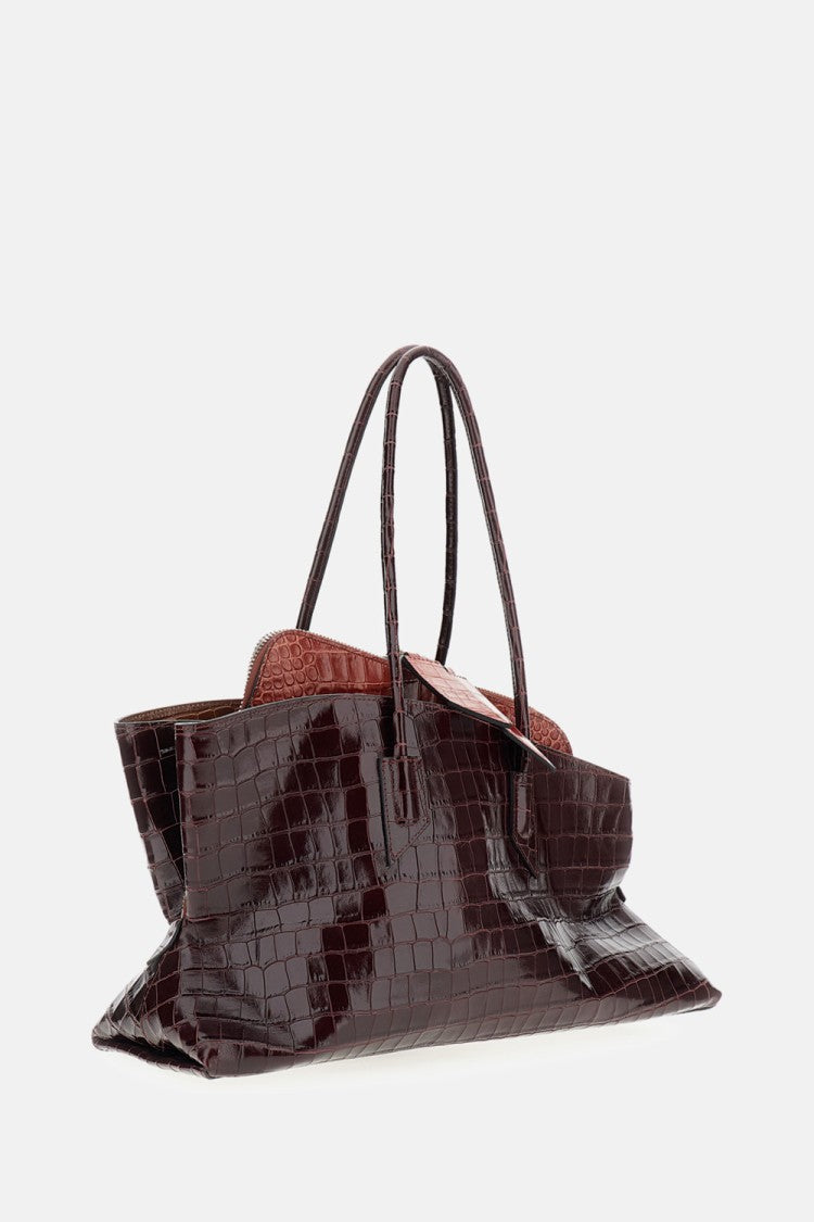 The Attico Asymmetrical Trapezoid Shoulder Bag In Two-Tone Crocodile-Effect Leather