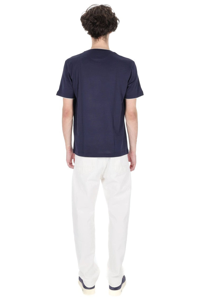 Eleventy Blue Double-Trim Cotton T-Shirt