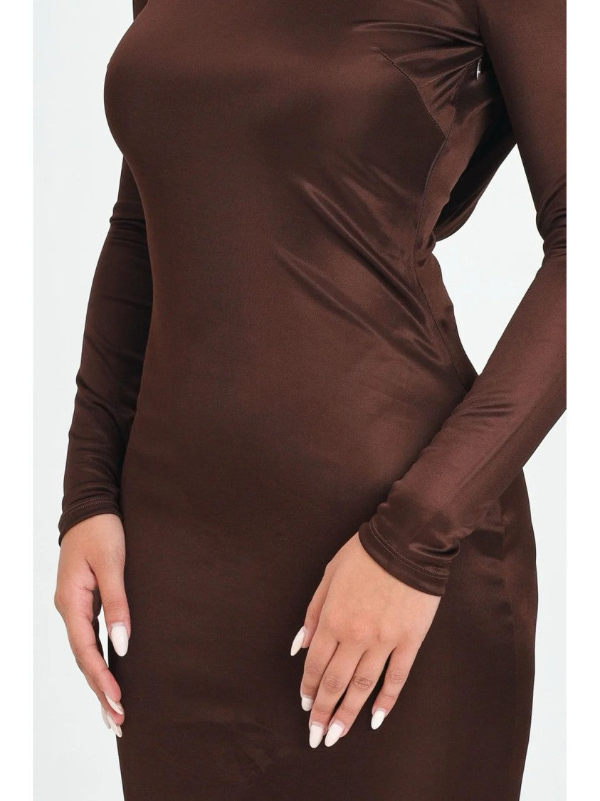 Red Carpet E. Franchi Fluid Brown Long Dress With Draped Back Detail