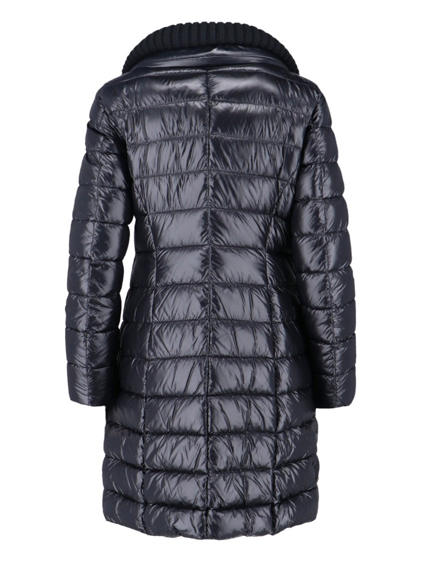Herno Long Navy Puffer Jacket With Removable Ribbed Collar