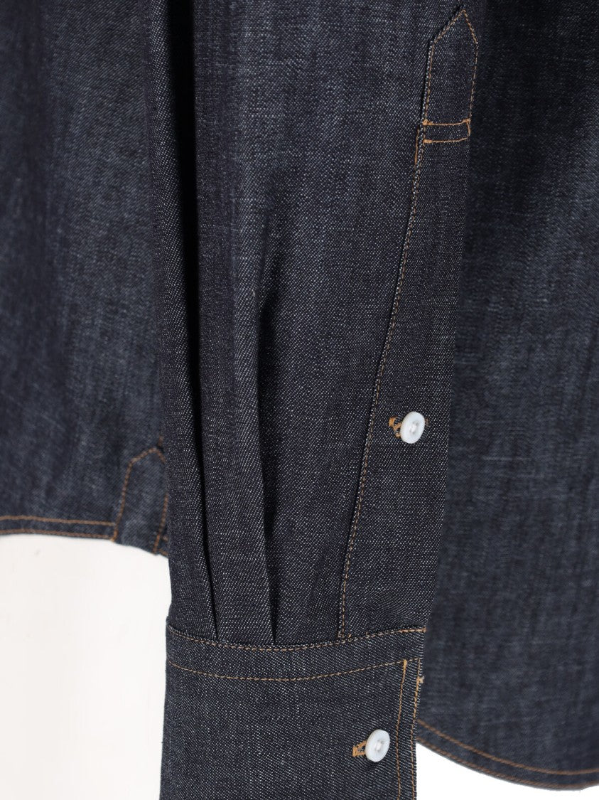 Thom Browne Dark Blue Denim Shirt With Multicolor Tab Detail