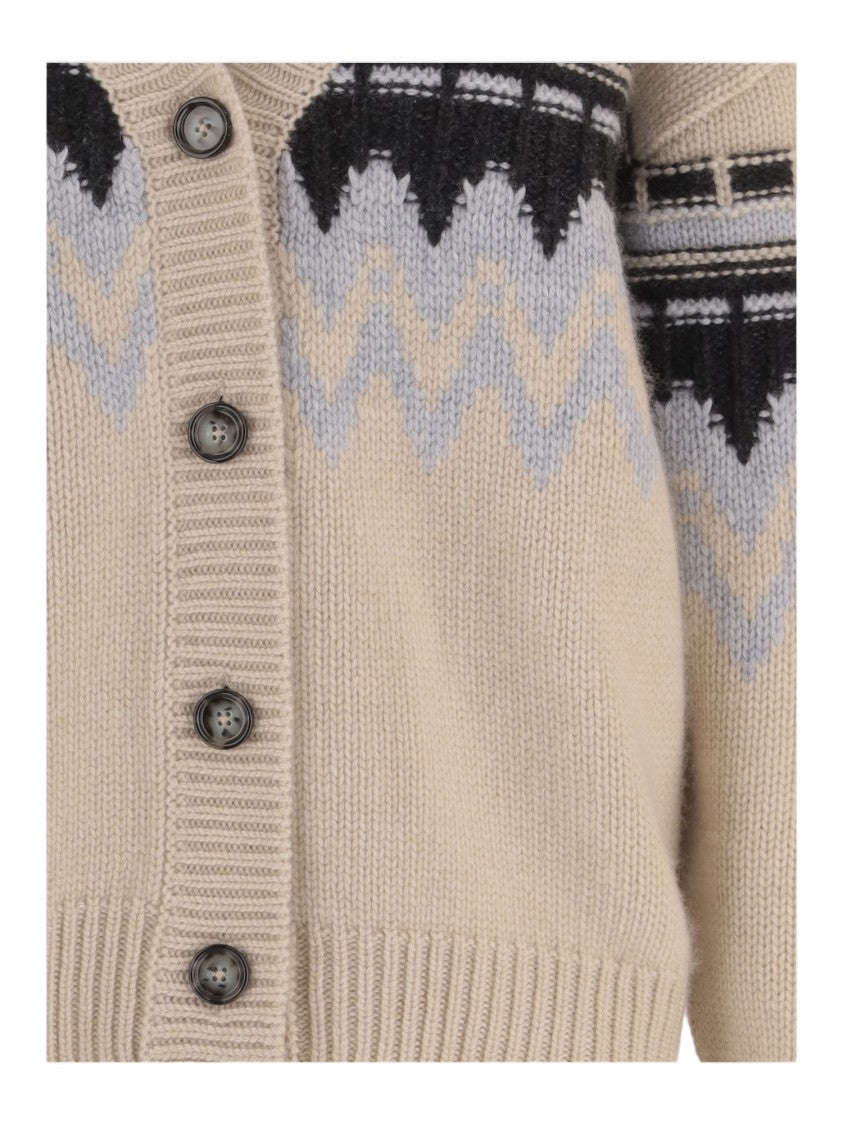Allude Beige Geometric Pattern Cashmere Cardigan