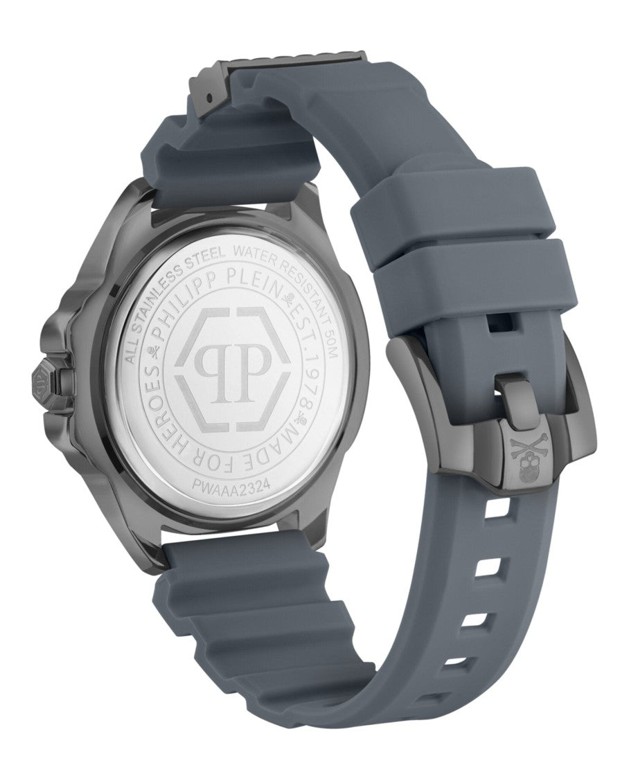 Philipp Plein 44Mm Gunmetal Skull Design Watch With Grey Silicone Strap