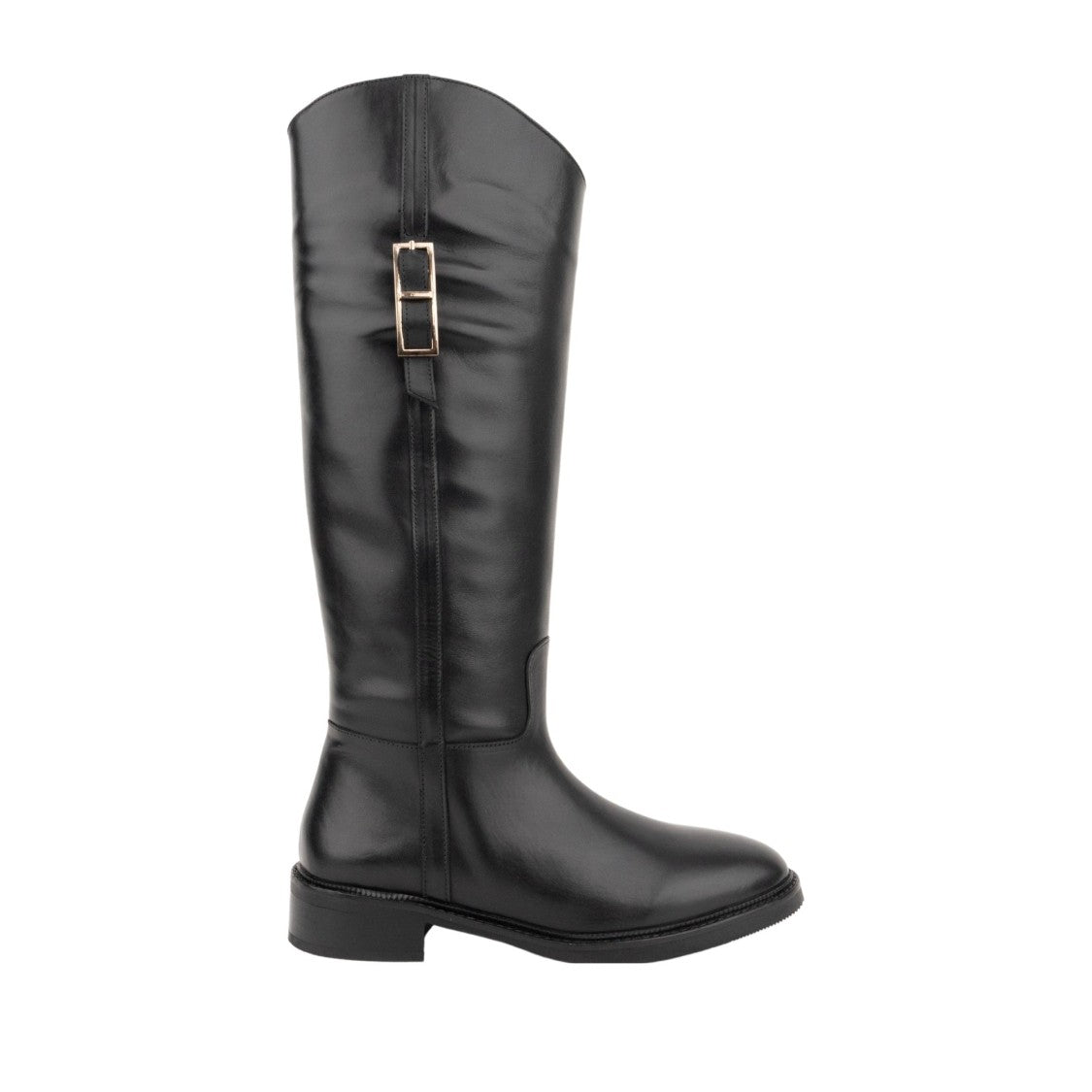 Sergio Moretti Black Decorative Buckle Side Zipper Tall Leather Boots