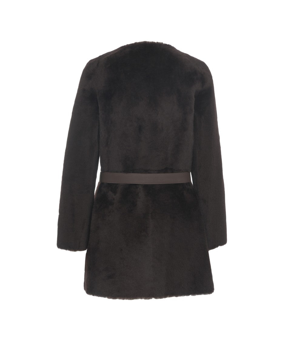 Desa 1972 Shearling Coat With Round Neckline And Waist Belt