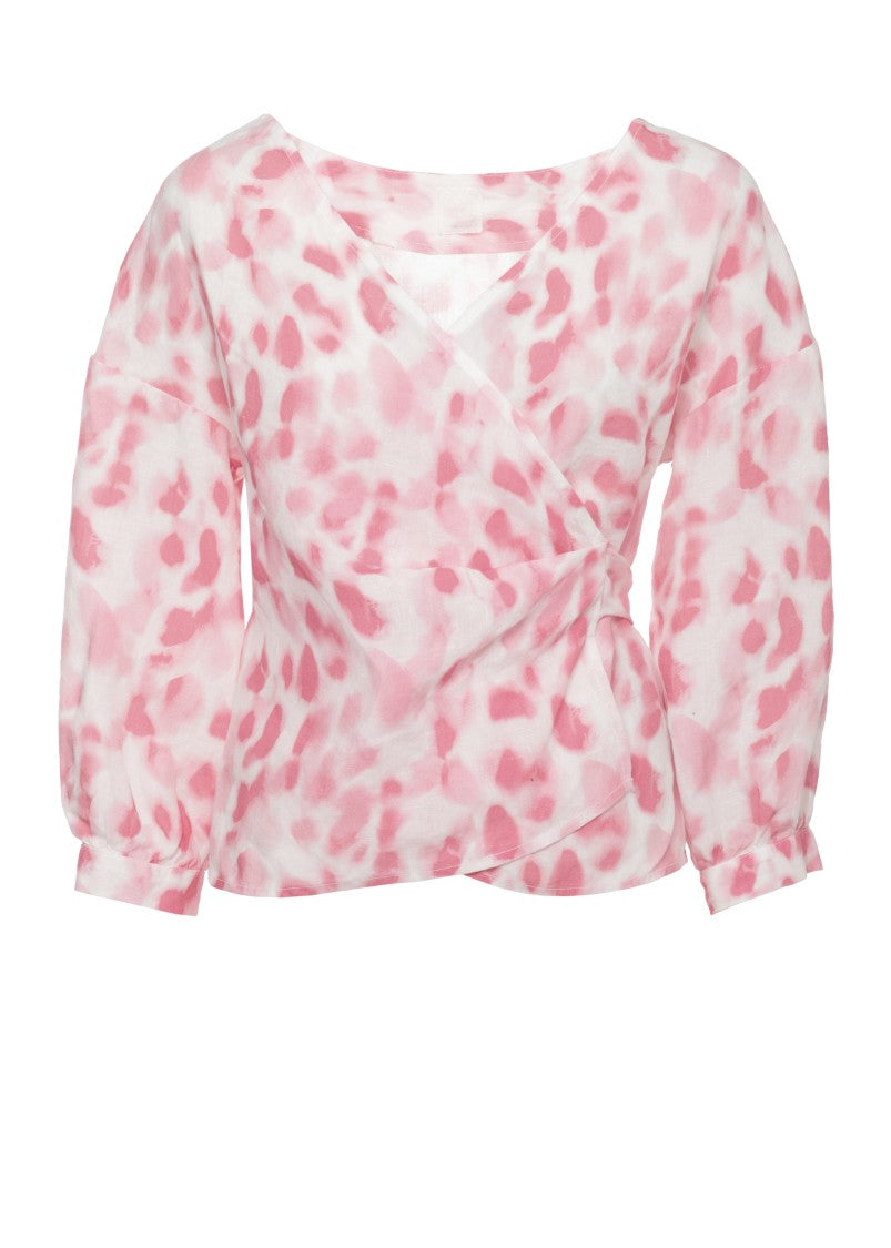 120% Lino White Pink Print Linen Blouse
