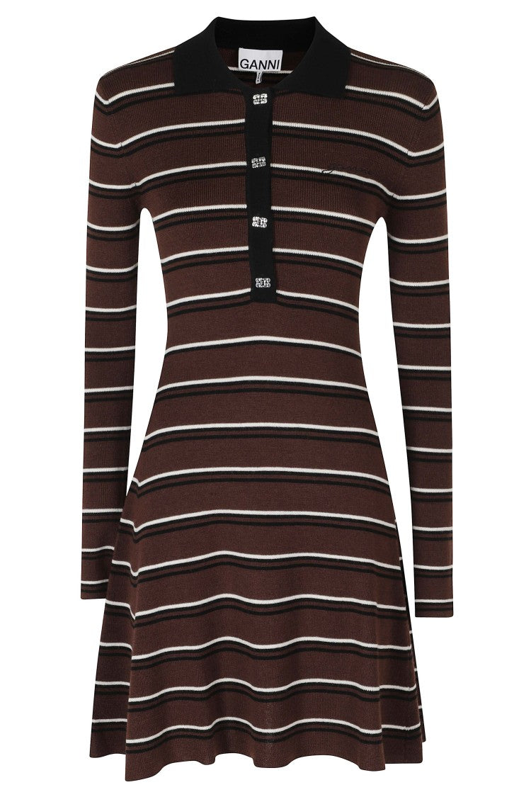 Ganni Ribbed Knit Mini Dress With Classic Collar And Logo Buttons