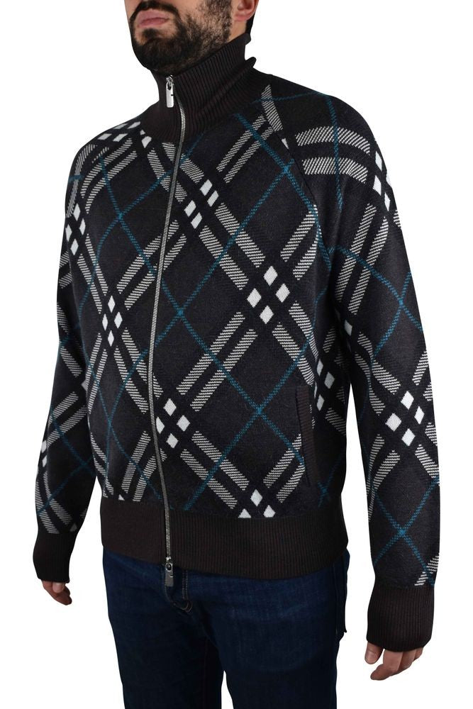 Burberry Check Pattern Wool Cardigan With High Collar