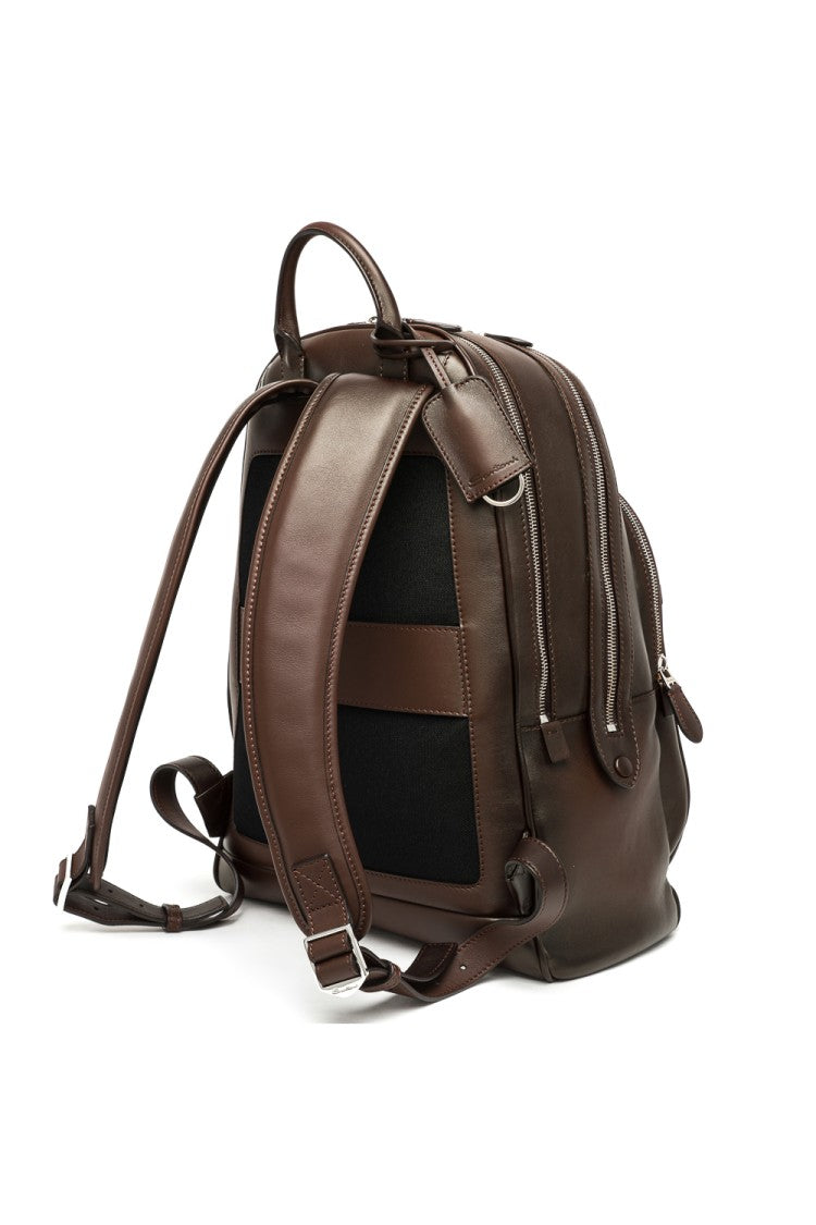 Santoni Artisanal Brown Leather Backpack With Dual Compartments