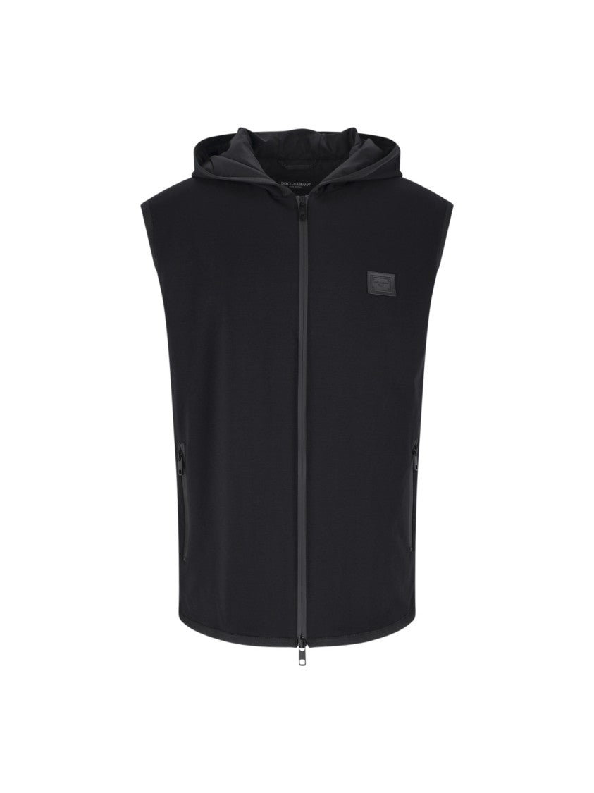Dolce & Gabbana Hooded Black Cotton Blend Gilet With Leather Logo Patch