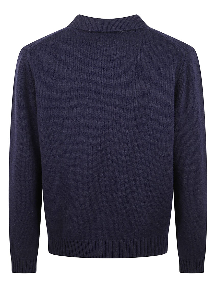Aspesi Ribbed Hem Long-Sleeved Navy Wool Blend Polo Shirt