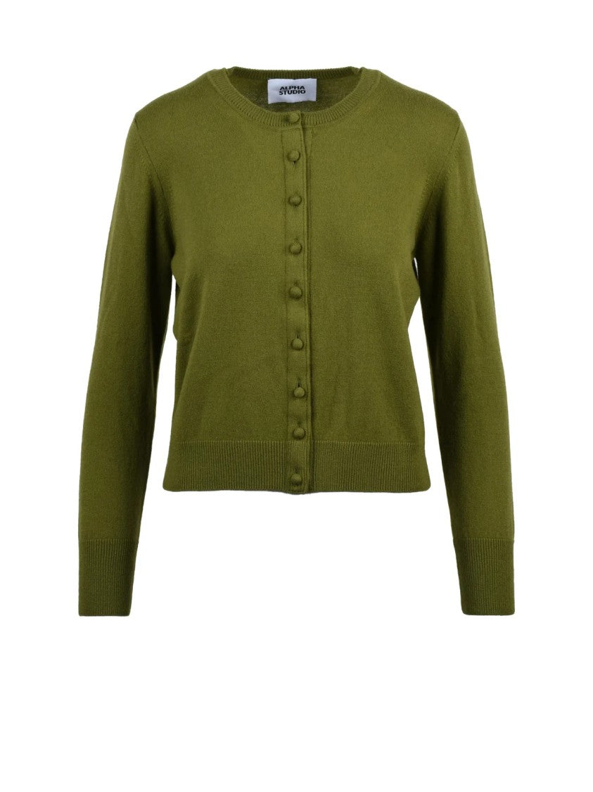 Alpha Studio Pistachio Green Round Neck Wool Cardigan
