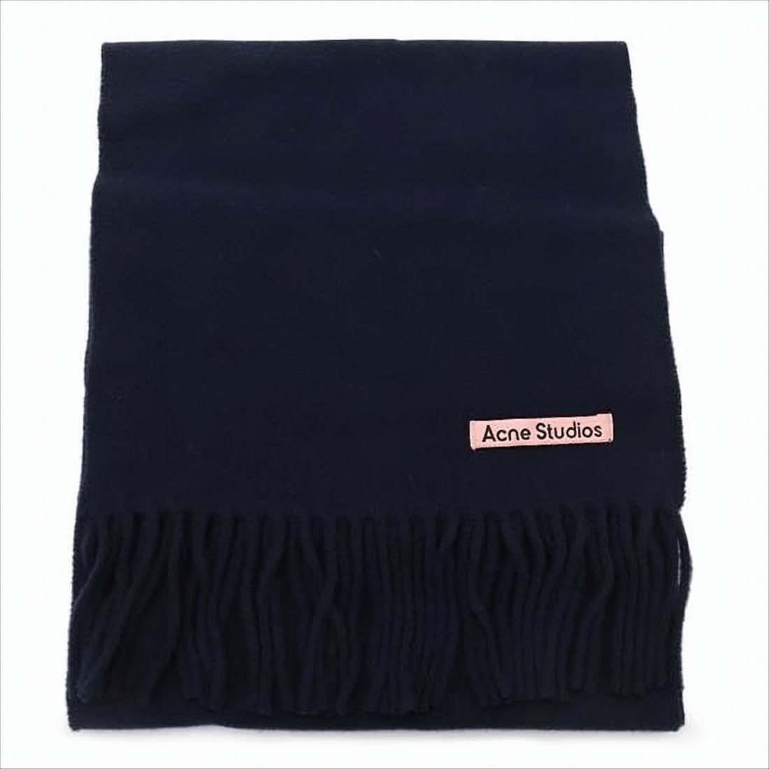 Acne Studios Deep Navy Wool Scarf With Fringed Ends And Contrasting Label