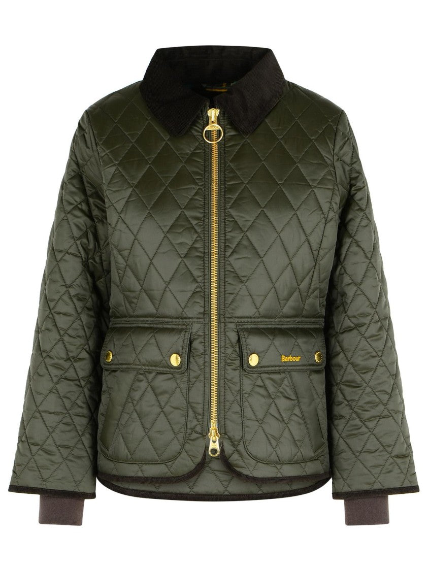 Barbour Quilted Green Polyamide Jacket With Corduroy Collar And Gold-Tone Hardware
