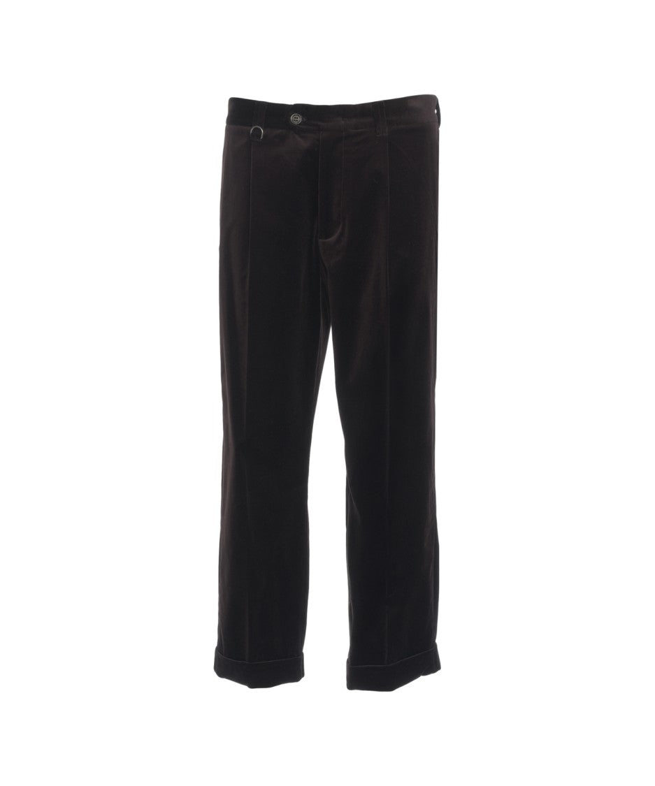 Paolo Pecora Brown Velvet Chino Pants With Pressed Pleats And Turned-Up Hem