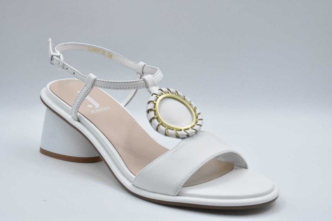 Jeannot Low-Heeled White Sandals With Ankle Strap And Decorative Element
