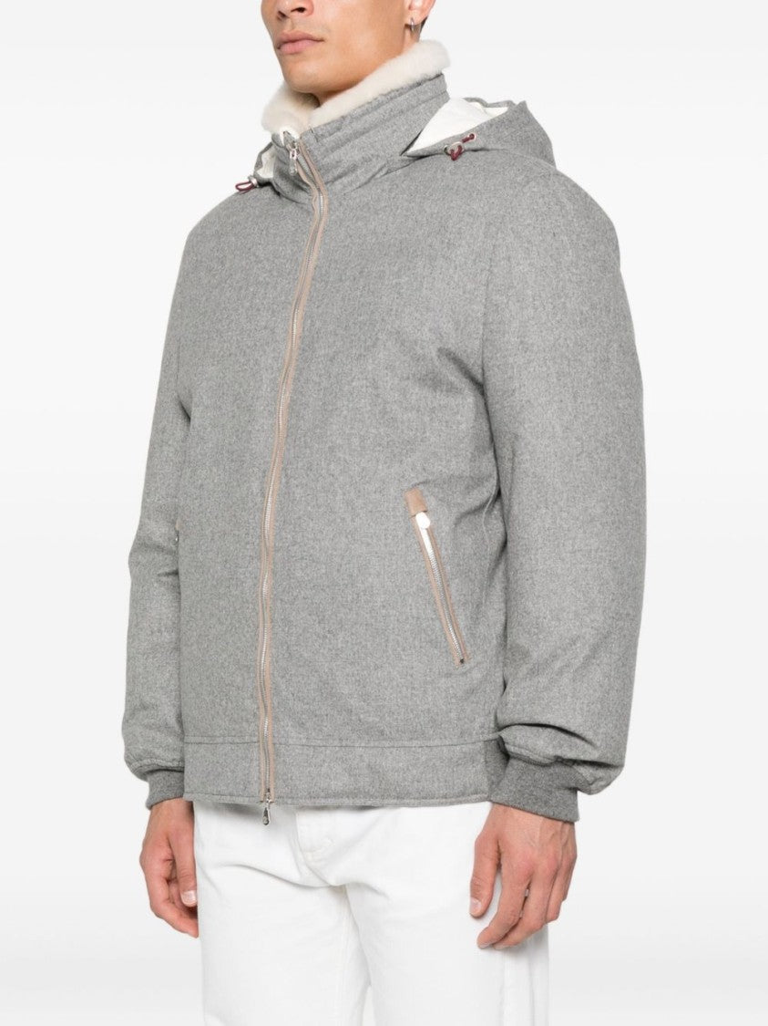 Brunello Cucinelli Textured Grey Coat With Plush Hood And Zippered Pockets