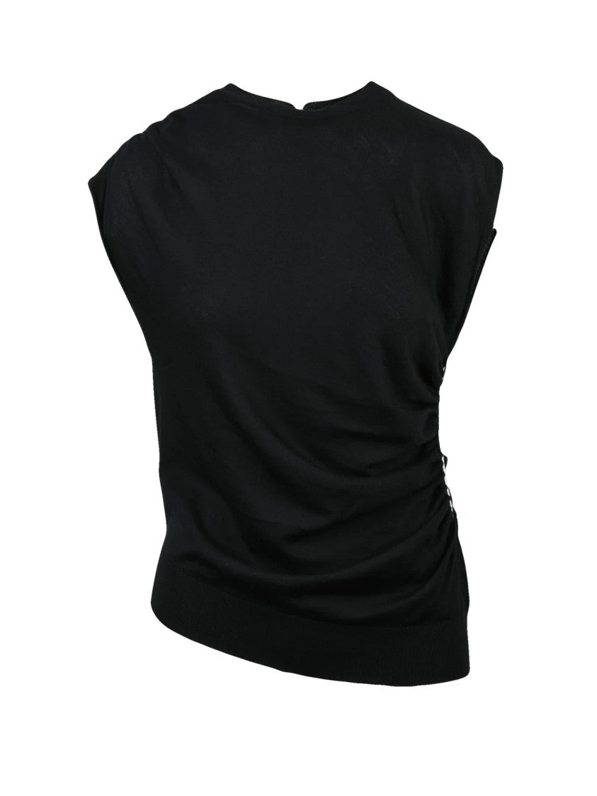 Liviana Conti Fitted Black Virgin Wool Top With Subtle Ruching