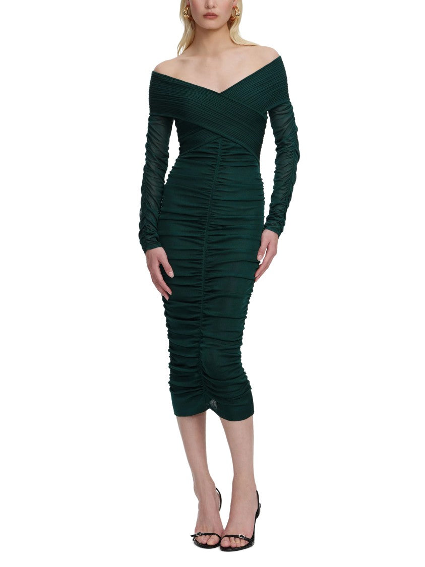 Self-Portrait Ruched Deep Green Viscose Knit Midi Dress
