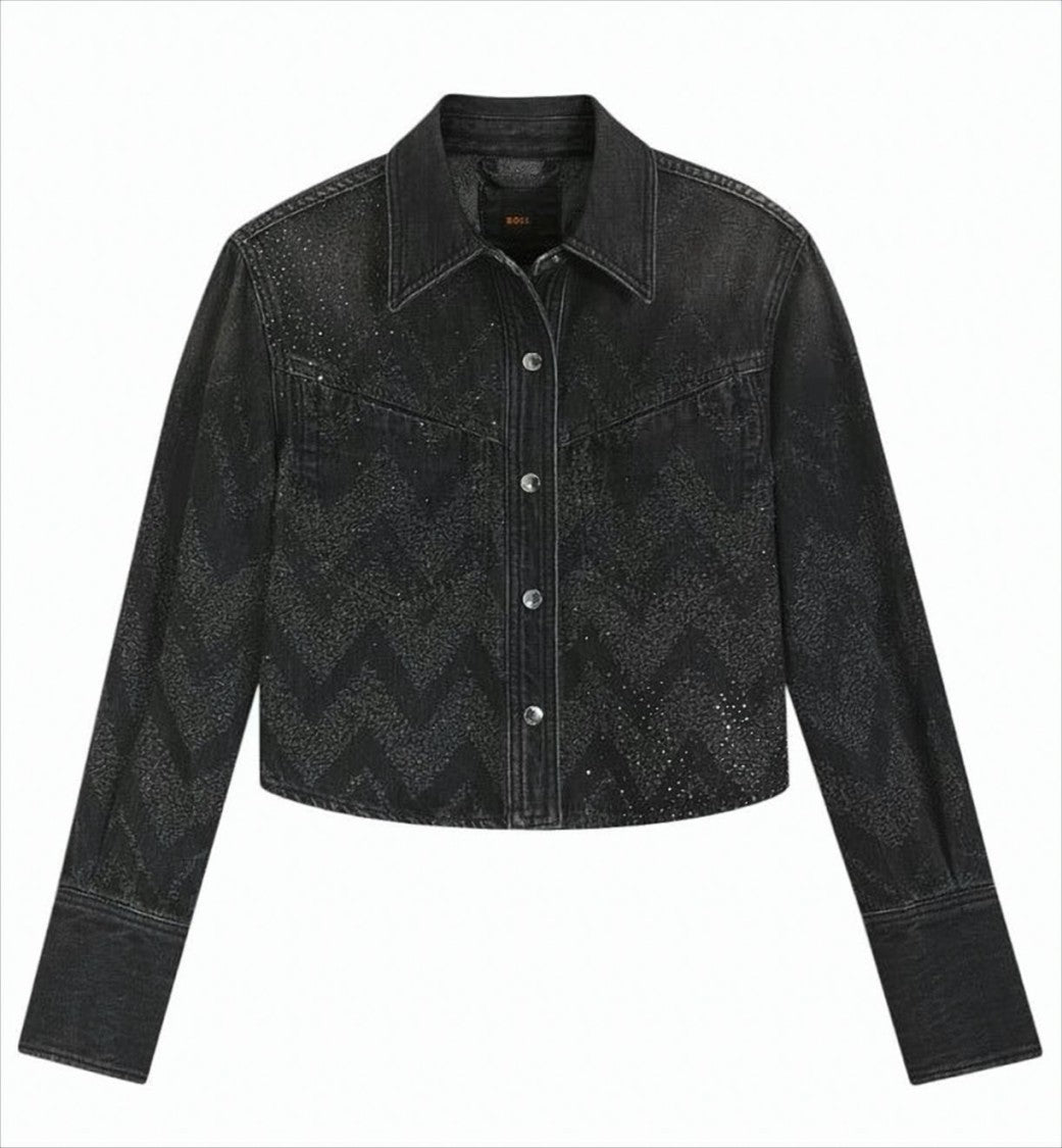 Boss Short Black Denim Jacket With Crystal Embellishments