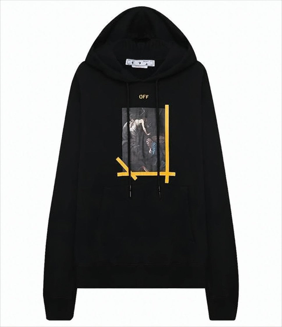 Off-White Black Hoodie With Graphic Print And Iconic Arrow Motif