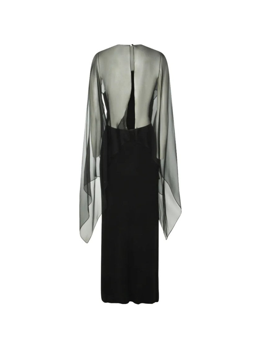 Alberta Ferretti Fitted Midi Dress With Sheer Long Sleeves And Ethereal Back Detail