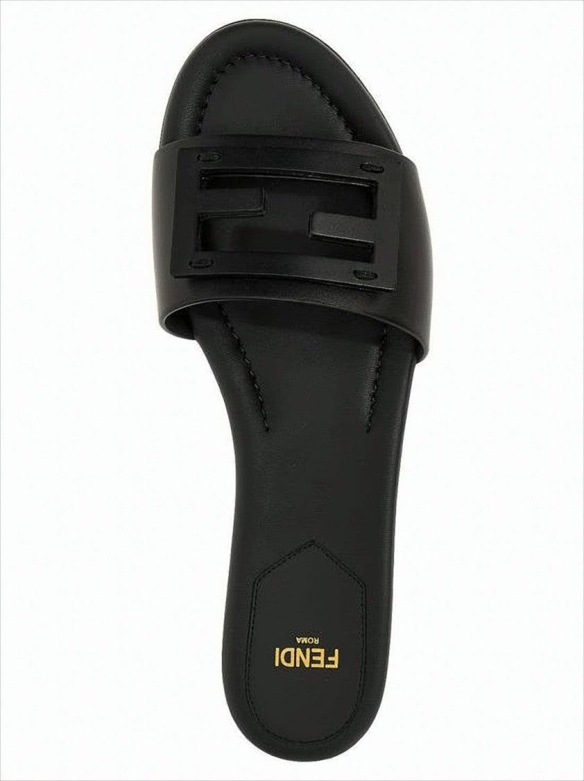 Fendi Cut-Out Logo Slide Sandals In Black Calf Leather