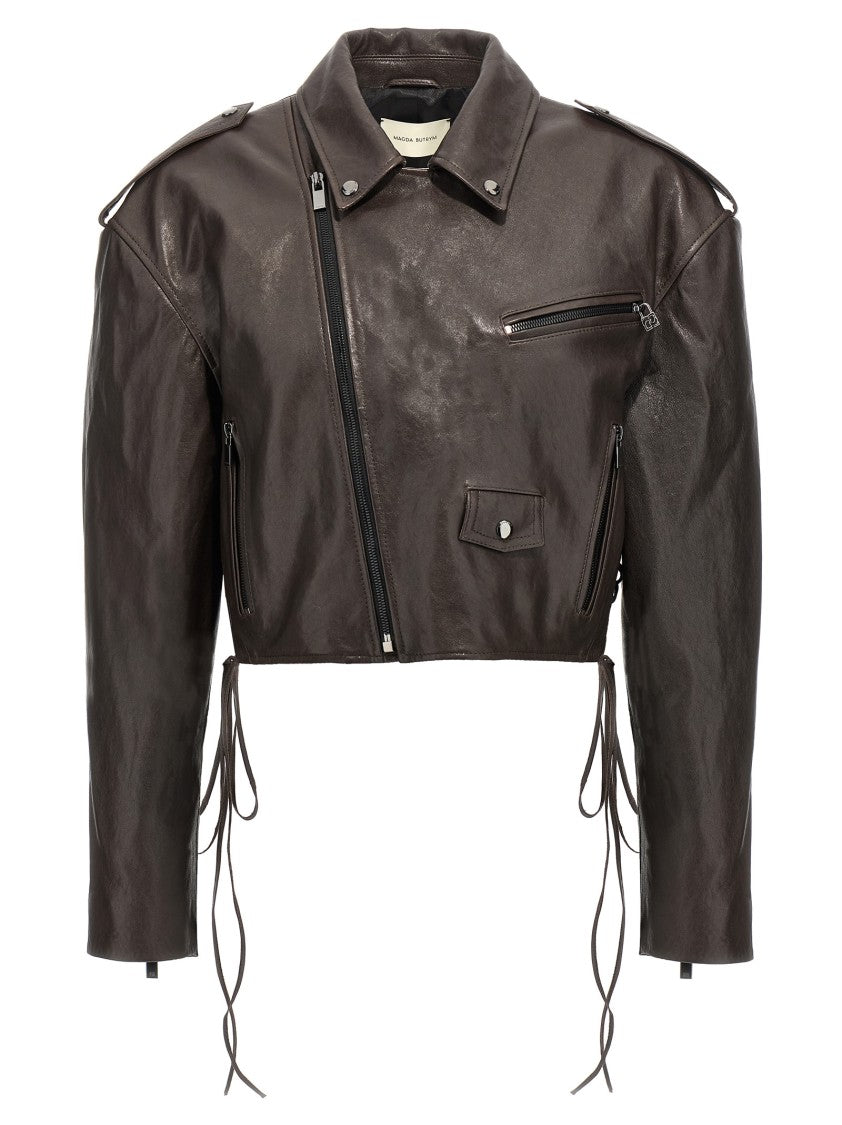 Magda Butrym Cropped Brown Sheepskin Biker Jacket