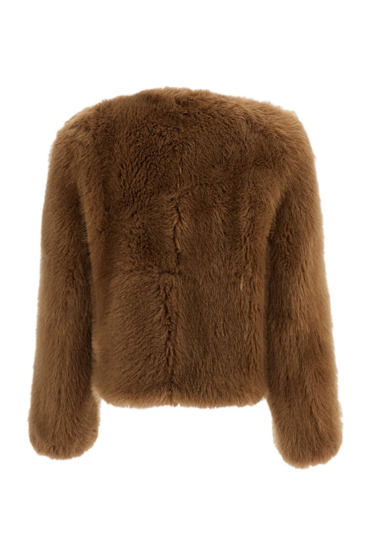 Stand Studio Beige Halle Collarless Boxy Faux Fur Jacket
