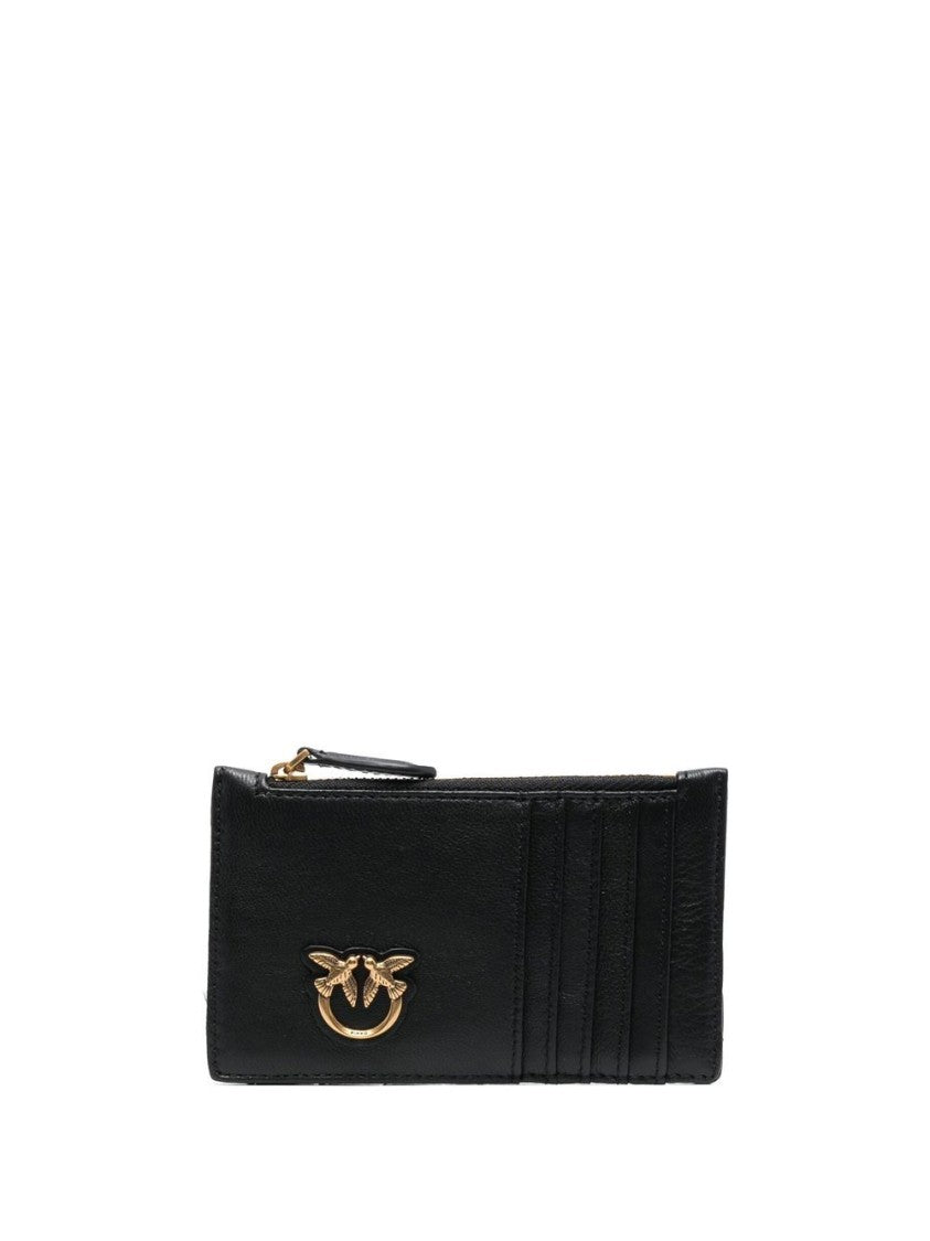 Pinko Rectangular Black Leather Clutch With Gold Emblem