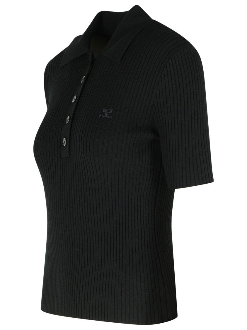 Courrèges Fitted Black Viscose Blend Polo Shirt
