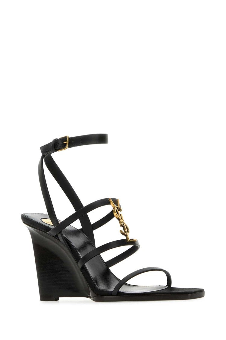 Saint Laurent Black Leather Cassandre Wedges