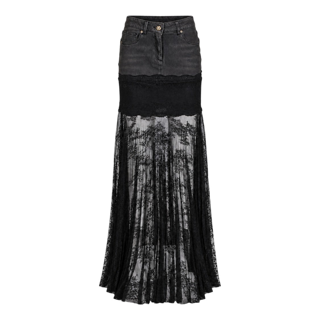 Blumarine High-Waisted Denim Sheer Lace Midi Skirt