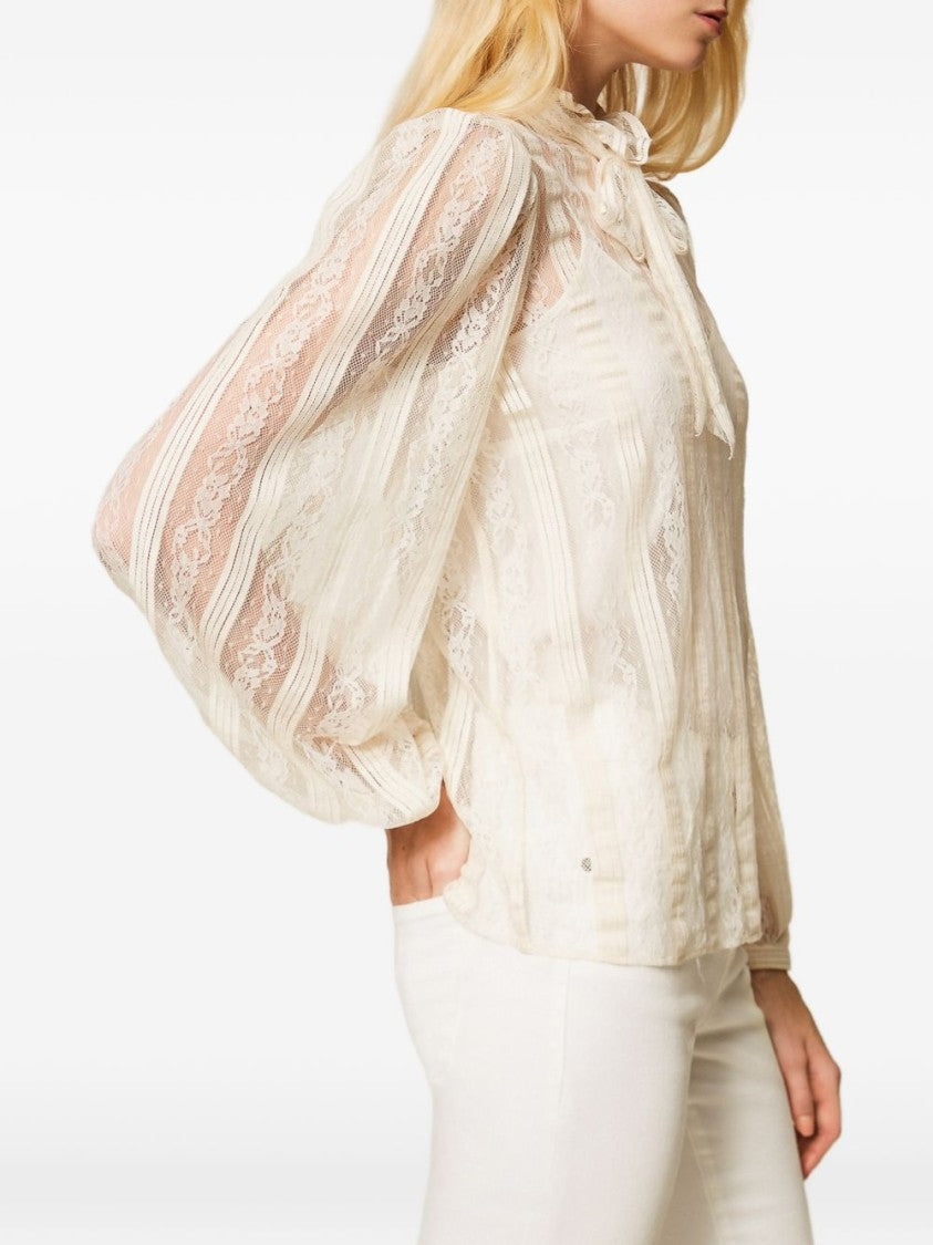 Twin-Set Sheer Lace Panel Blouse With Ruffled Collar And Bow Tie