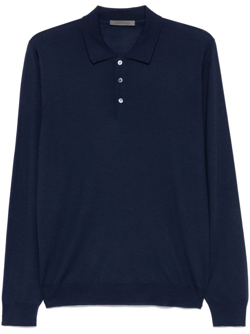 Corneliani Tailored Polo Sweater In Blue Virgin Wool