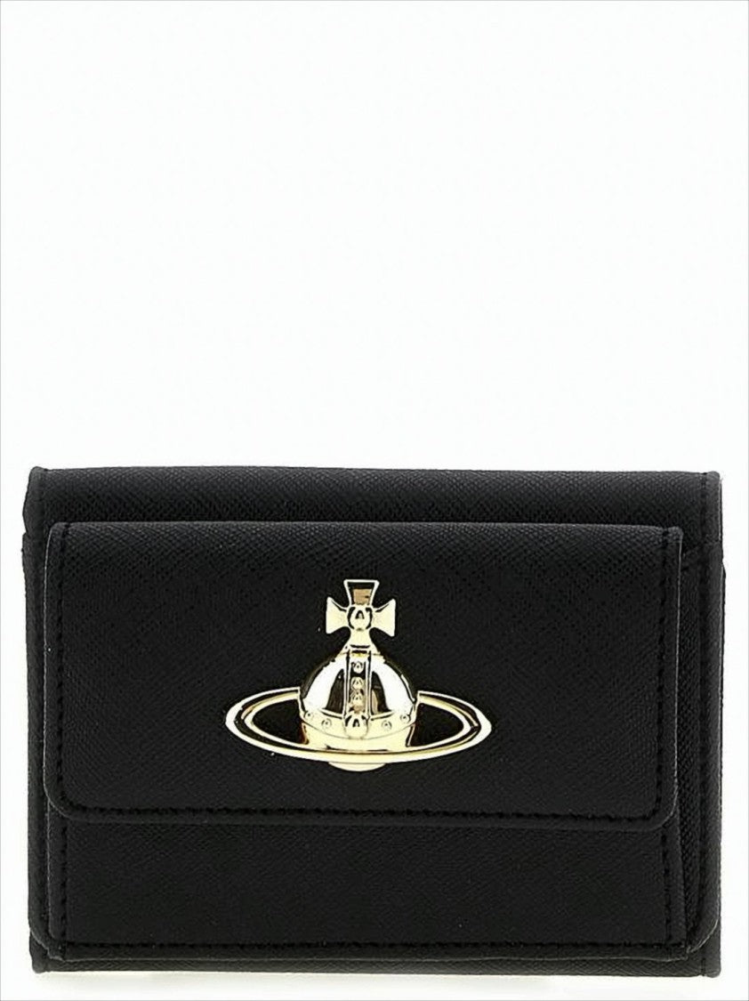Vivienne Westwood Textured Synthetic Leather Tri-Fold Wallet With Gold Emblem