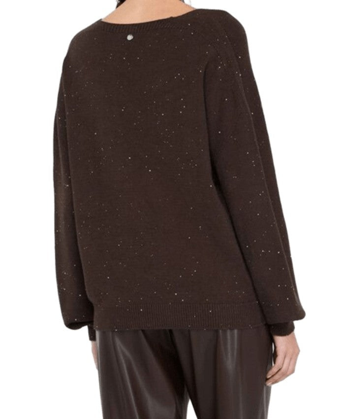 Liu Jo V-Neck Brown Sweater With Subtle Micro Sequins