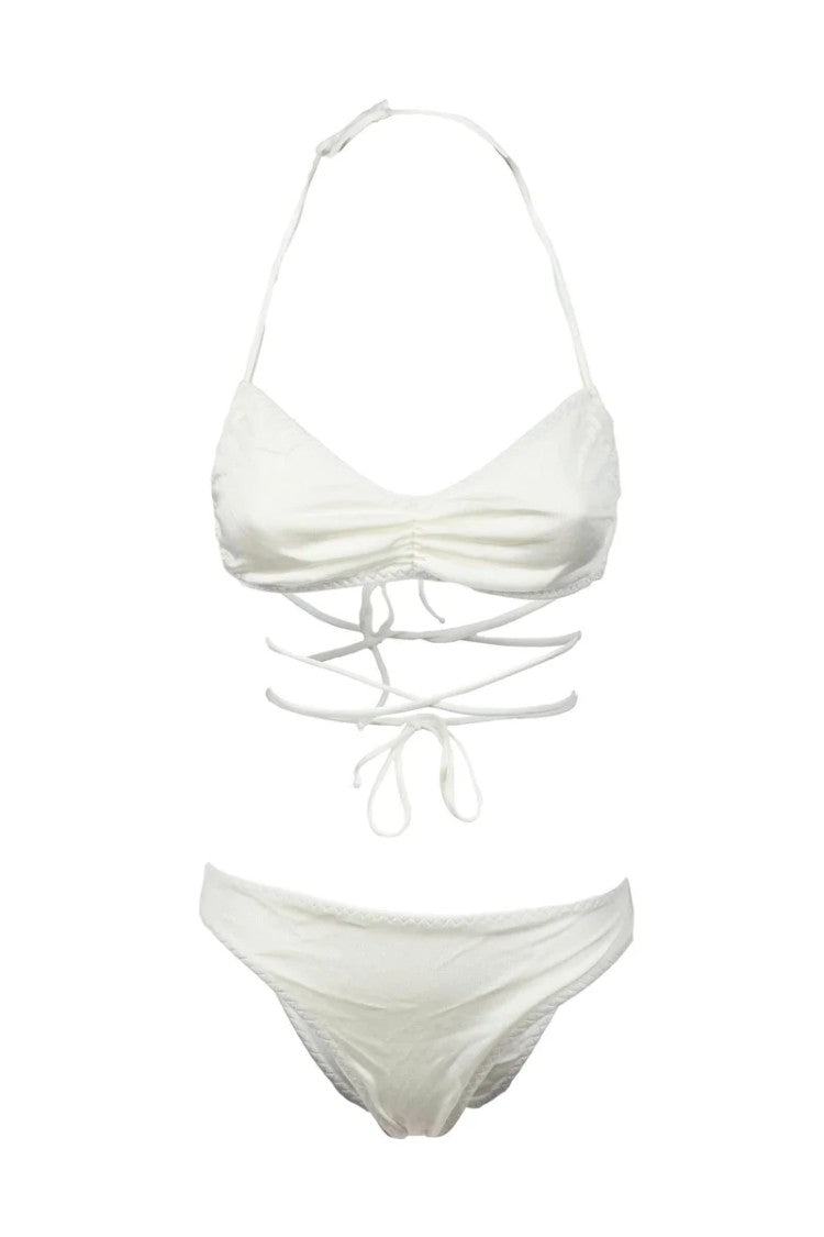 Liviana Conti Fluid-Texture White Bikini With Halter Neck And Intricate Straps