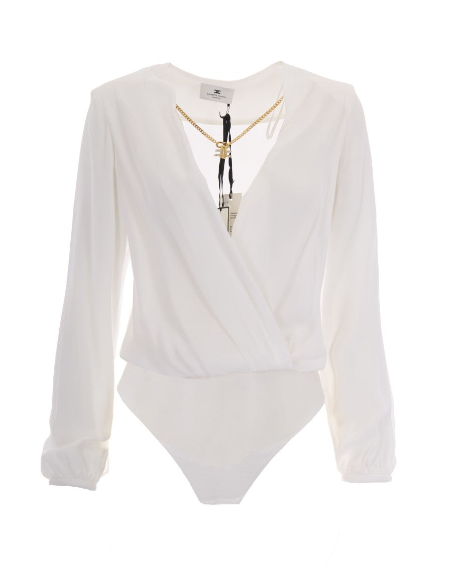 Elisabetta Franchi Long-Sleeved V-Neck Bodysuit With Structured Shoulders And Detachable Necklace