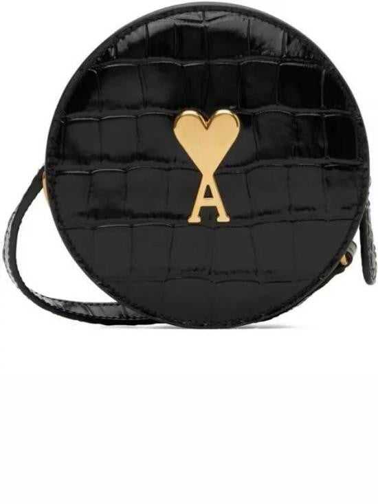 Ami Paris Crocodile-Textured Black Cow Leather Shoulder Bag