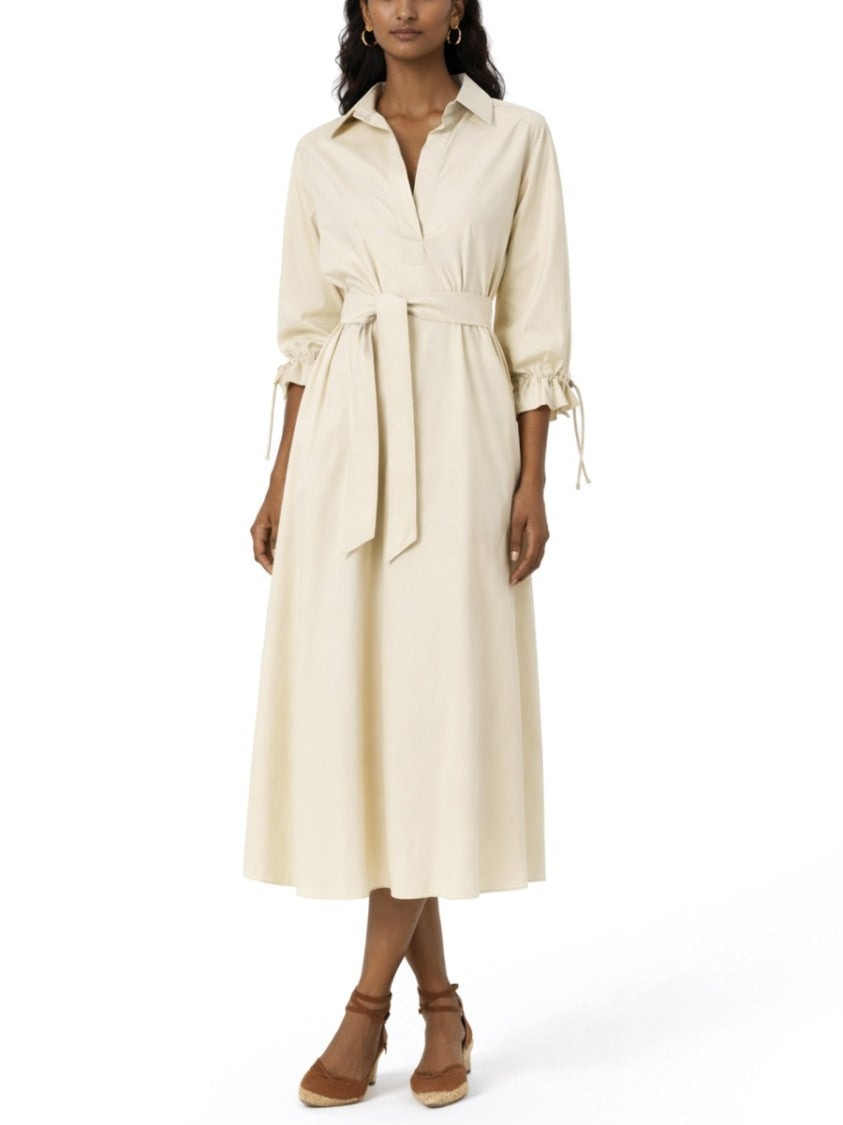Max Mara Midi Cotton Dress With Belt And Adjustable Cuffs