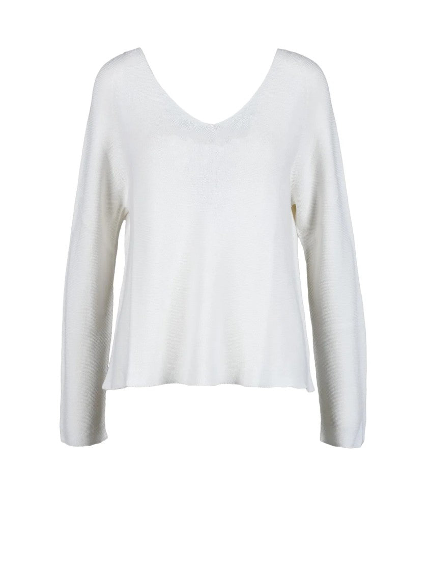 Blu Bianco Breathable White Cotton Knit Top With V-Neckline