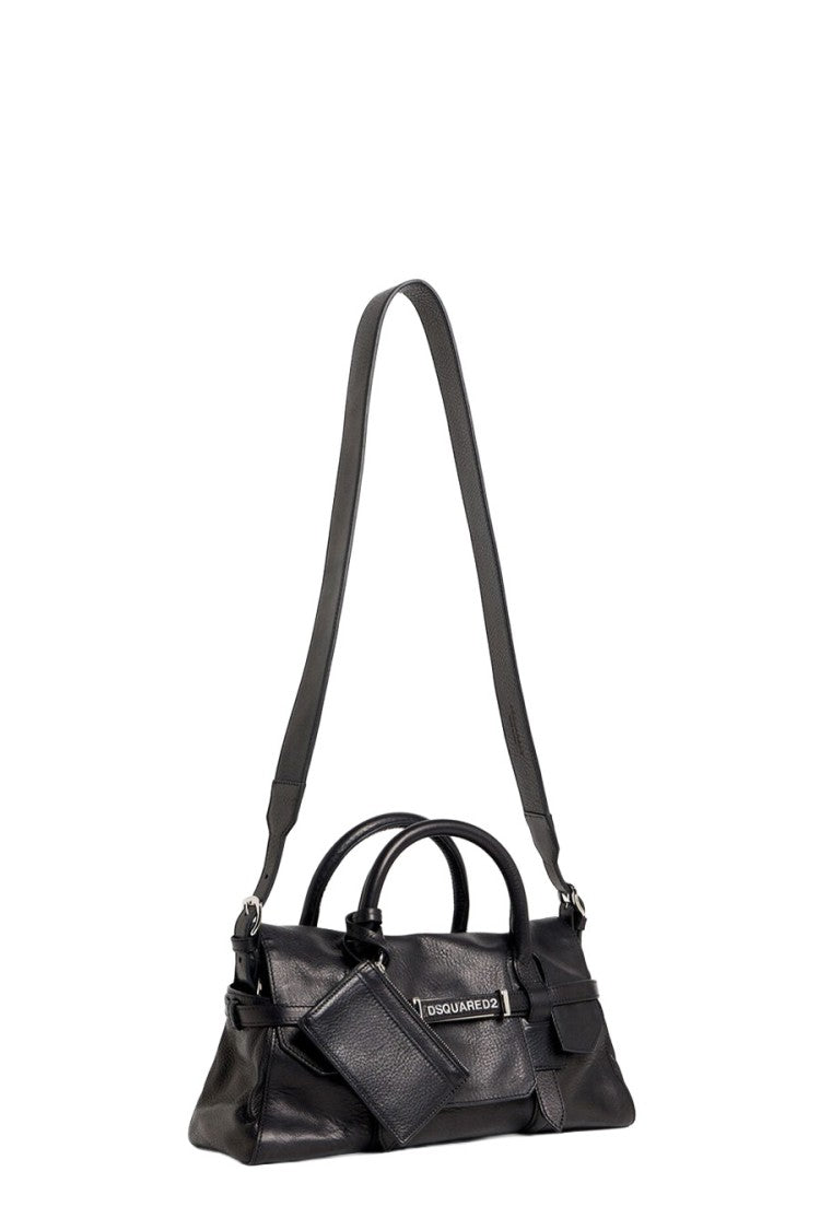 Dsquared2 Black Leather Buckle-Strap Shoulder Bag