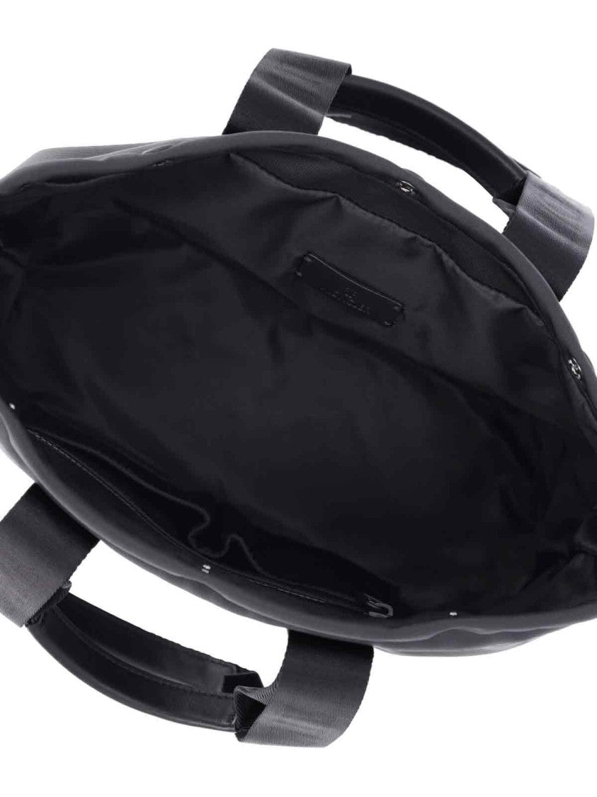 Moncler Compact Black Water-Repellent Tote With Leather Accents And Jacquard Logo