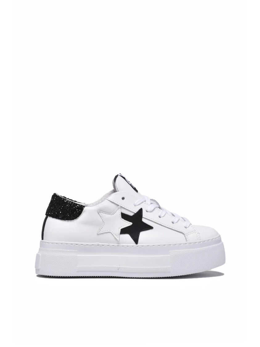 2Star White Black Glitter Leather Sneakers