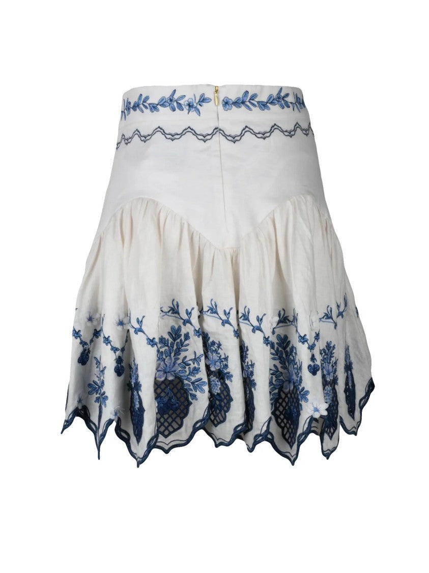Agua By Agua Bendita White Flared Floral Embroidered Linen Mini Skirt