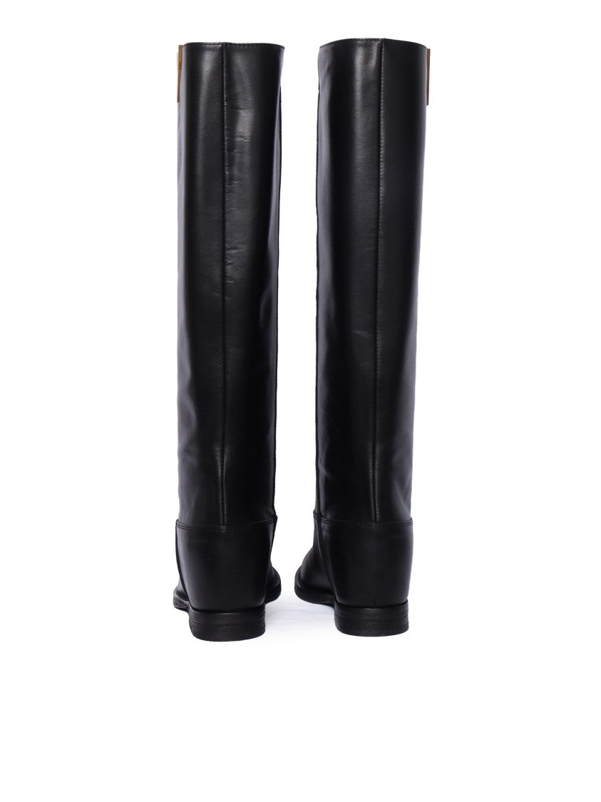 Via Roma 15 Tall Black Leather Boots With Gold-Tone Accent
